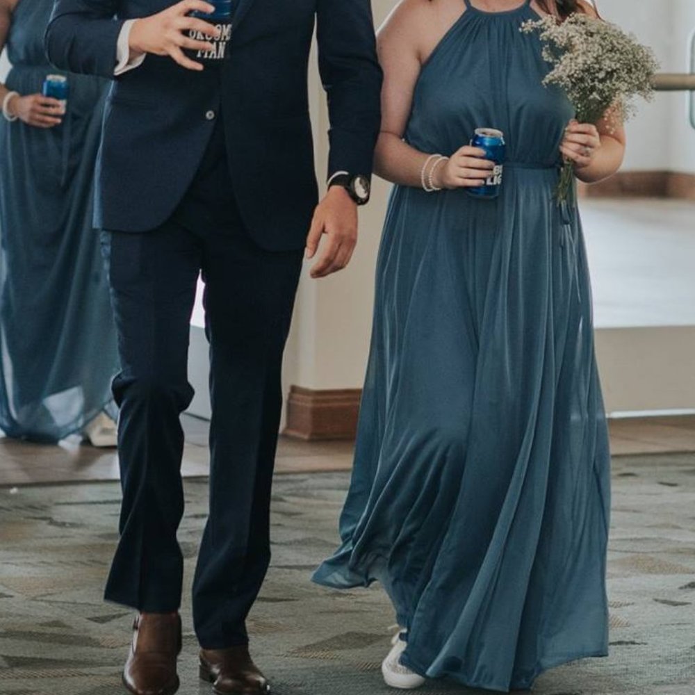 Davids Bridal_Steel Blue Princess Halter Chiffon Bridesmaid Dress